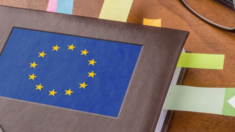 Ein Kalender mit EU-Flagge auf dem Cover liegt auf einem Tisch..